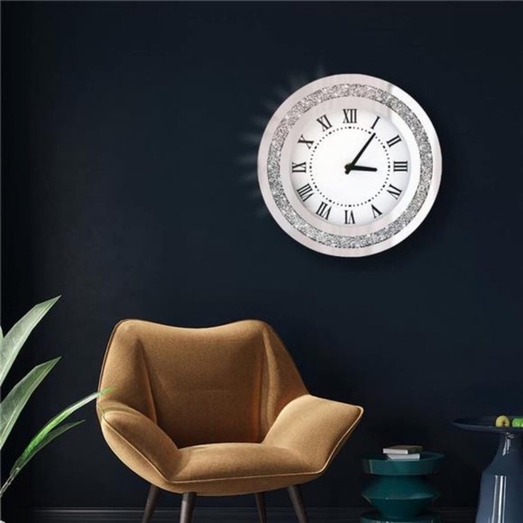 Silver Round Mirror Clock 12inch Crystal Sparkle Twinkle Bling Crush Diamond - Picture 4 of 6